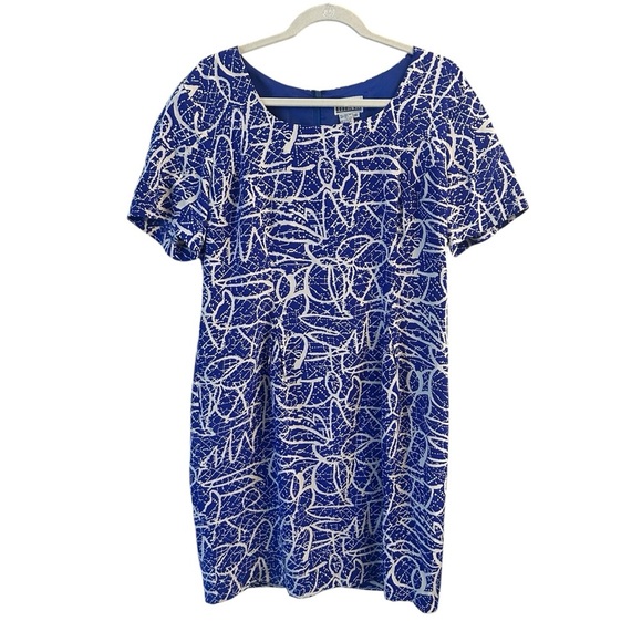Robbie Bee Women Size 14 Square Neck Dress Blue Abstract 100% SILK Vtg 90s - Picture 1 of 6